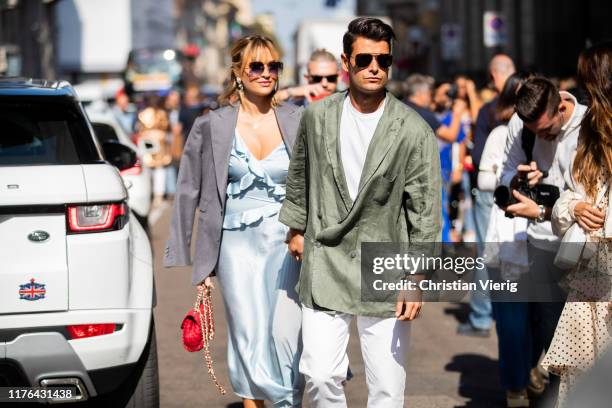 Couple Giulia Andrea Gaudino and Frank Gallucci attends the Ermanno Scervino show at Milan Fashion Week Spring Summer 2020 on September 21, 2019 in...