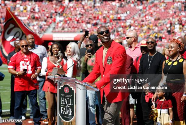 Former San Francisco 49ers player Terrell Owens poses for a photo after being inducted into the San Francisco 49ers Hall of Fame at half time of the...