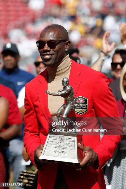 Former San Francisco 49ers player Terrell Owens poses for a photo after being inducted into the San Francisco 49ers Hall of Fame at half time of the...