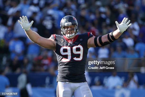 Watt of the Houston Texans celebrates in the closing seconds of the game against the Los Angeles Chargers at Dignity Health Sports Park on September...