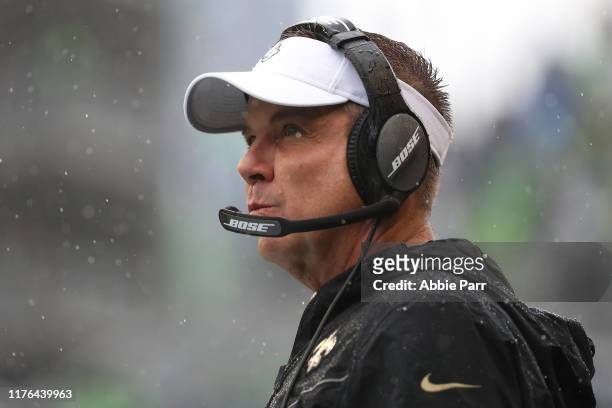 Head Coach Sean Payton of the New Orleans Saints looks on against the Seattle Seahawks in the second quarter during their game at CenturyLink Field...