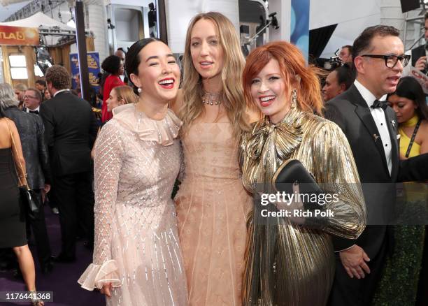 Maya Erskine, Anna Konkle and Natasha Lyonne walk the red carpet during the 71st Annual Primetime Emmy Awards on September 22, 2019 in Los Angeles,...