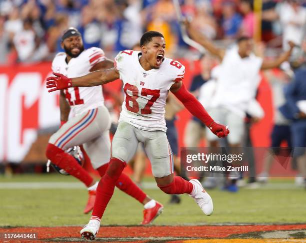 Wide receiver Sterling Shepard of the New York Giants celebrates after the game against the Tampa Bay Buccaneers at Raymond James Stadium on...