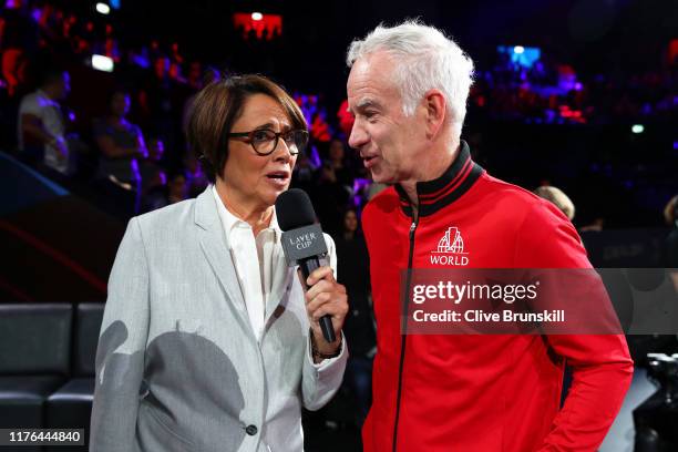 Mary Carillo, former tennis player interviews John McEnroe, Captain of Team World during Day Three of the Laver Cup 2019 at Palexpo on September 22,...