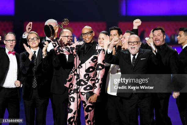 Cast and crew of 'RuPaul's Drag Race' accept the Outstanding Competition Program award onstage during the 71st Emmy Awards at Microsoft Theater on...