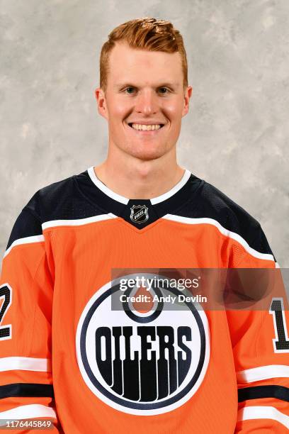 Colby Cave of the Edmonton Oilers poses for his official headshot for the 2019-2020 season on September 10, 2019 at Rogers Place in Edmonton,...