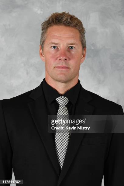 Johan Hedberg of the San Jose Sharks poses for his official headshot for the 2019-2020 season at Solar4America on September 12, 2019 in San Jose,...