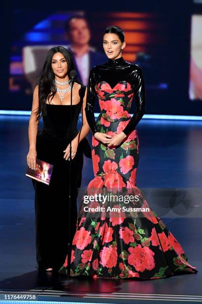Kim Kardashian West and Kendall Jenner speak onstage during the 71st Emmy Awards at Microsoft Theater on September 22, 2019 in Los Angeles,...