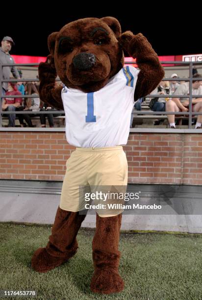 Bruins mascot Joe Bruin performs during the game against the Washington State Cougars at Martin Stadium on September 21, 2019 in Pullman, Washington....