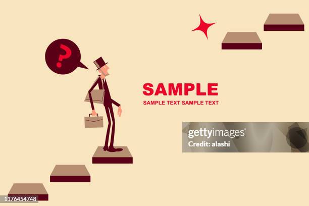 thin businessman with top hat and briefcase lost the stairs to move up - skills gap stock illustrations