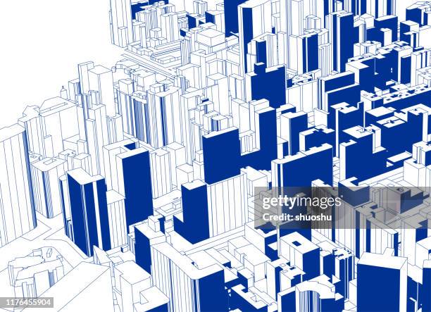 青いスケッチスタイルは、現代の都市建築のポスターを見下ろす - 近未来的点のイラスト素材／クリップアート素材／マンガ素材／アイコン素材