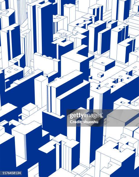 bildbanksillustrationer, clip art samt tecknat material och ikoner med blå modern stadsbyggnad illustration affisch - architectural drawings