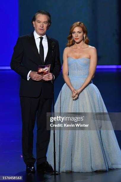 Timothy Hutton and Brittany Snow speak onstage during the 71st Emmy Awards at Microsoft Theater on September 22, 2019 in Los Angeles, California.