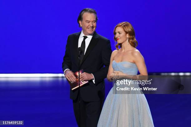 Timothy Hutton and Brittany Snow speak onstage during the 71st Emmy Awards at Microsoft Theater on September 22, 2019 in Los Angeles, California.