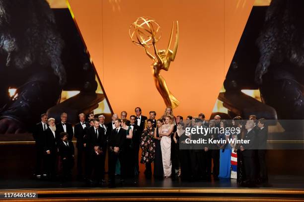 Cast and crew of 'Game of Thrones' accept the Outstanding Drama Series award onstage during the 71st Emmy Awards at Microsoft Theater on September...