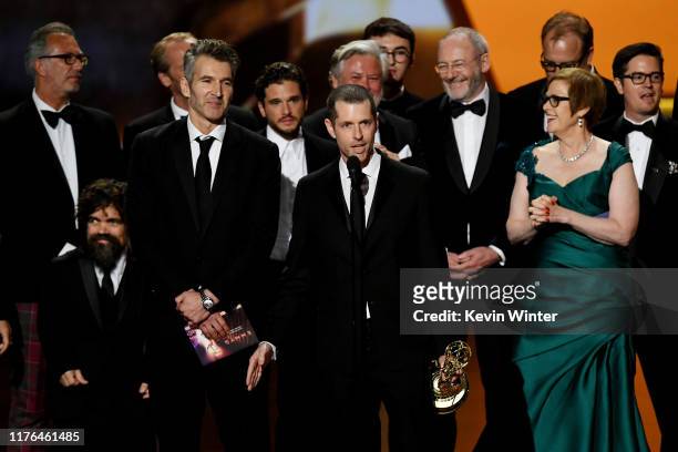 Weiss , David Benioff and cast and crew of 'Game of Thrones' accept the Outstanding Drama Series award onstage during the 71st Emmy Awards at...