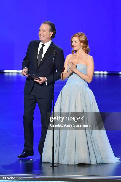 Timothy Hutton and Brittany Snow speak onstage during the 71st Emmy Awards at Microsoft Theater on September 22, 2019 in Los Angeles, California.