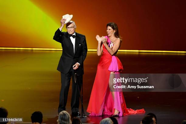 Norman Lear and Marisa Tomei speak onstage during the 71st Emmy Awards at Microsoft Theater on September 22, 2019 in Los Angeles, California.