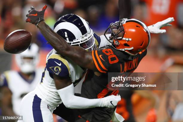 Nickell Robey-Coleman of the Los Angeles Rams defends a second quarter pass intended for Jarvis Landry of the Cleveland Browns at FirstEnergy Stadium...