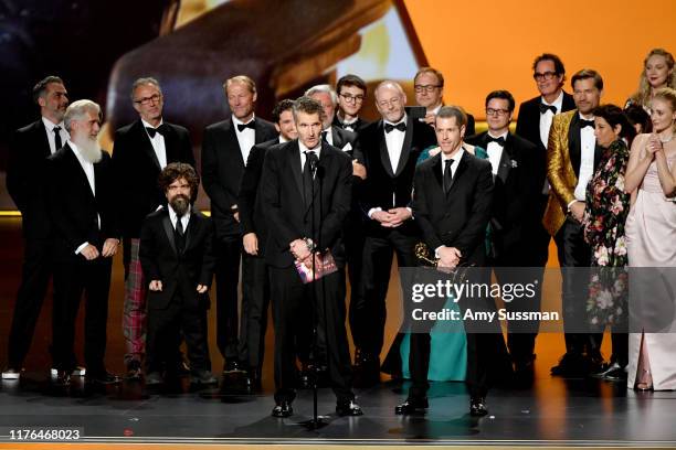 Weiss and cast and crew of "Game of Thrones" accept the Outstanding Drama Series award onstage during the 71st Emmy Awards at Microsoft Theater on...