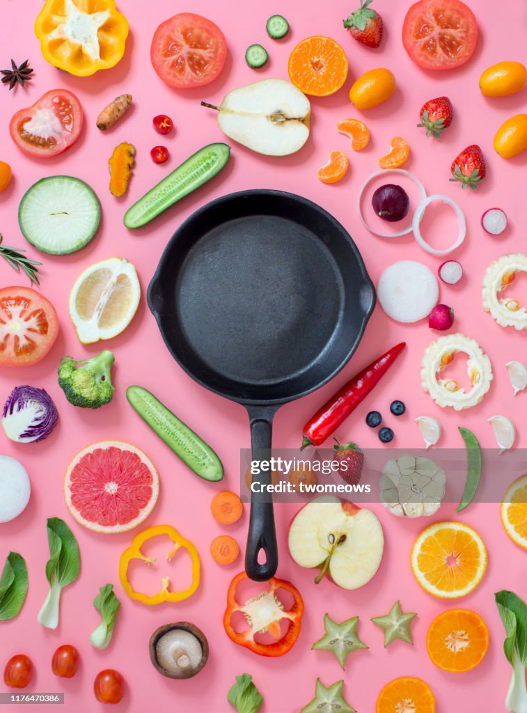 Colourful vegetables and fruits text space still life.