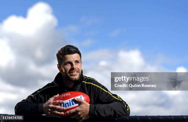 Trent Cotchin of the Tigers poses during a Richmond Tigers AFL media opportunity at Punt Road Oval on September 23, 2019 in Melbourne, Australia.