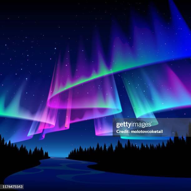 森林場景與極光 - aurora borealis 幅插畫檔、美工圖案、卡通及圖標