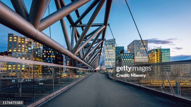 modern skyline oslo norway at sunset panorama - elevated walkway stock pictures, royalty-free photos & images