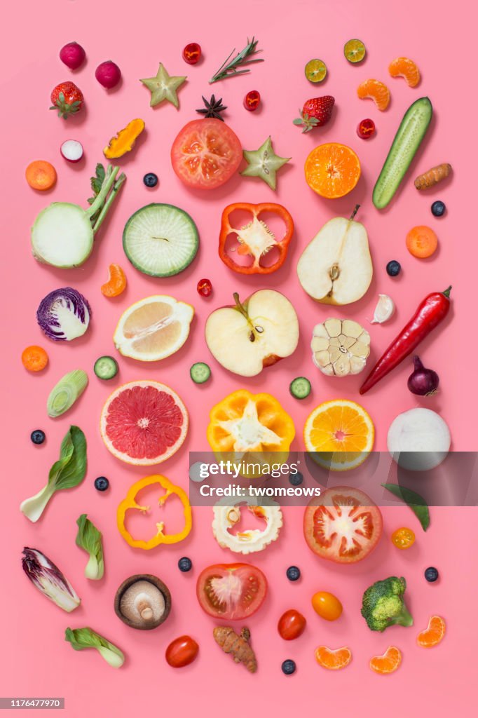 Colourful vegetables and fruits text space still life.