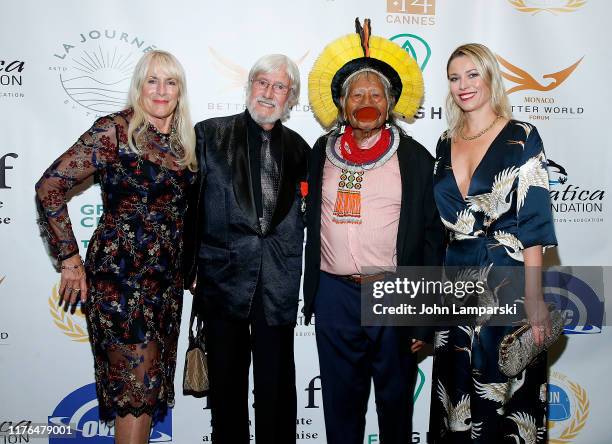 Nan Marr, Jean-Michel Cousteau, Chief Raoni Metuktire and Kiera Chaplin attend Monaco Better World Forum Gala 2019 at Westin Grand Central on...