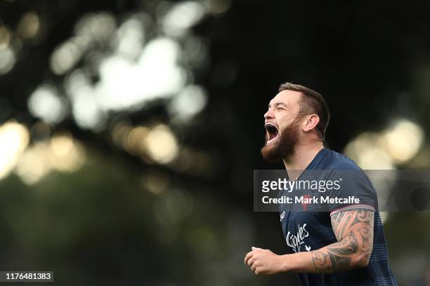 Jared Waerea-Hargreaves laughs during a Sydney Roosters NRL training session at Moore Park on September 23, 2019 in Sydney, Australia.