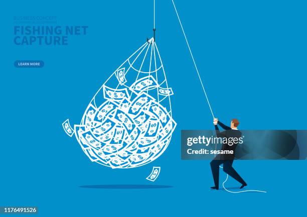 ernte und einkommen, der kaufmann eine menge bargeld mit dem netto - commercial fishing net stock-grafiken, -clipart, -cartoons und -symbole