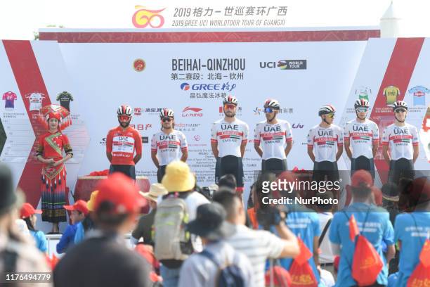 Race leader, Fernando Gaviria of Colombia and his team-mates of UAE Team Emirates seen ahead of the second stage, 152.3km Beihai-Qinzhou stage, of...