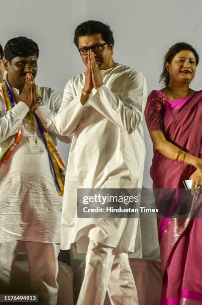 Maharashatra Navnirman Sena chief Raj Thackeray during an election rally at Prabhadevi, on October 17, 2019 in Mumbai, India.