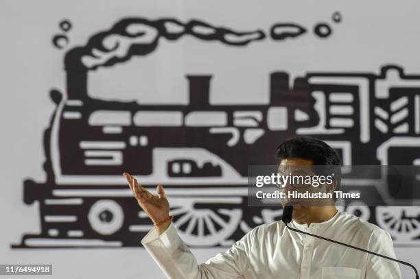 Maharashatra Navnirman Sena chief Raj Thackeray addresses an election rally at Prabhadevi, on October 17, 2019 in Mumbai, India.