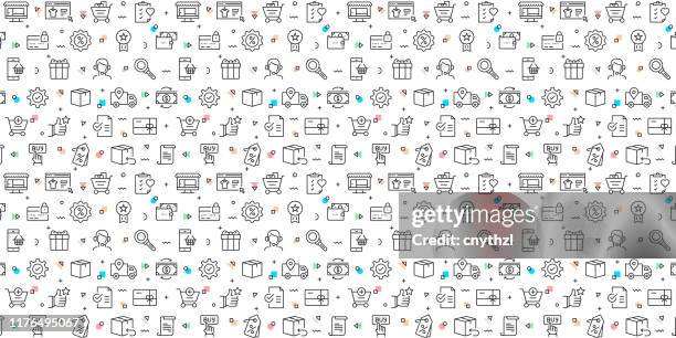 vector set of design templates and elements for online shopping in trendy linear style - seamless patterns with linear icons related to online shopping - vector - e commerce background stock illustrations