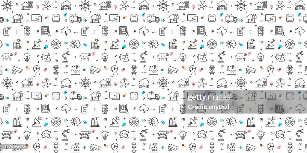 Vector set of design templates and elements for Internet of Things in trendy linear style - Seamless patterns with linear icons related to Internet of Things - Vector