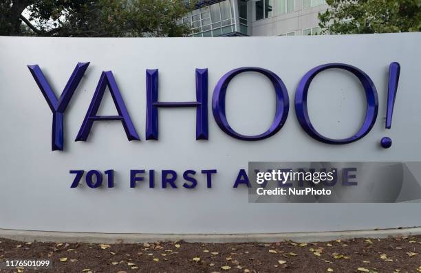 Yahoo logo is seen at its office in Sunnyvale, California on October 16, 2019. 3 billion Yahoo accounts are struck by multiple data breaches between...