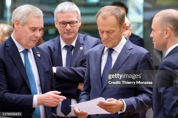 Finish Prime Minister Antti Rinne talks with the President of the European Council Donald Tusk and the Maltese Prime Minister Joseph Muscat ahead of...