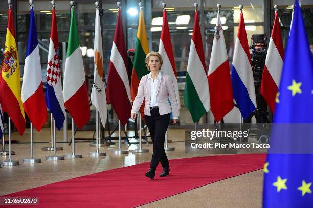 President of European Commission, Ursula von der Leyen arrives at European Parliament on October 18, 2019 in Brussels, Belgium. Leaders of the EU...