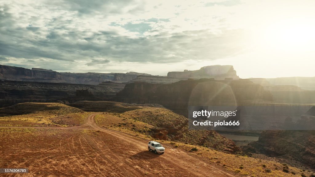 Drone view: car at the Shafer trail Canyonlands