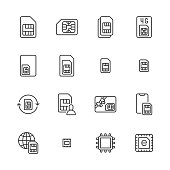 Sim card flat line icons set. Micro, nano simcard, new eSim technology, mobile phone chip vector illustrations. Outline signs for electronic store. Pixel perfect 64x64. Editable Strokes