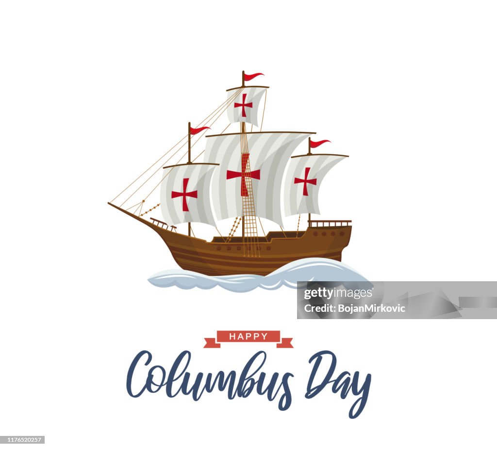 Poster do dia de Columbo com navio e ondas de navigação. Vetor