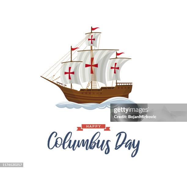 哥倫布日海報與帆船和海浪。向量 - 船舶 幅插畫檔、美工圖案、卡通及圖標