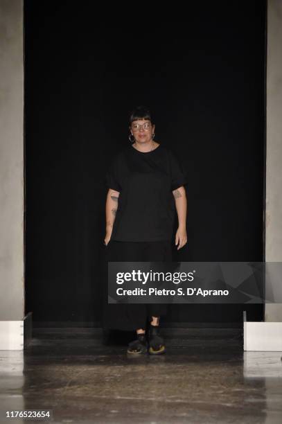 Fashion desinger Alexandra Moura acknowledges the applause of the audience walks the runway at the Alexandra Moura show during the Milan Fashion Week...