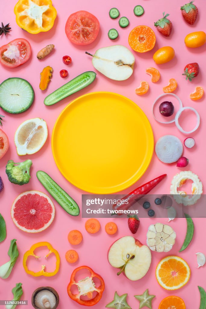 Colourful vegetables and fruits text space still life.