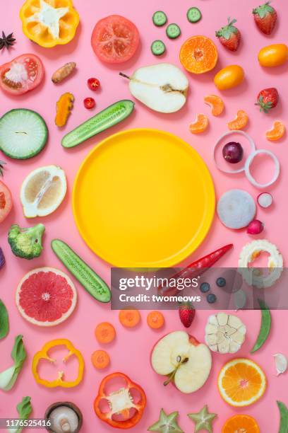 colourful vegetables and fruits text space still life. - colorful fruit stock pictures, royalty-free photos & images