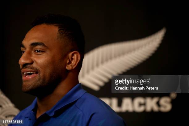 Sevu Reece of the All Blacks talks to the media during a New Zealand All Blacks press conference on September 23, 2019 in Tokyo, Japan.