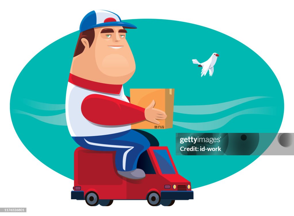 Courier sitting on mini bus with carton