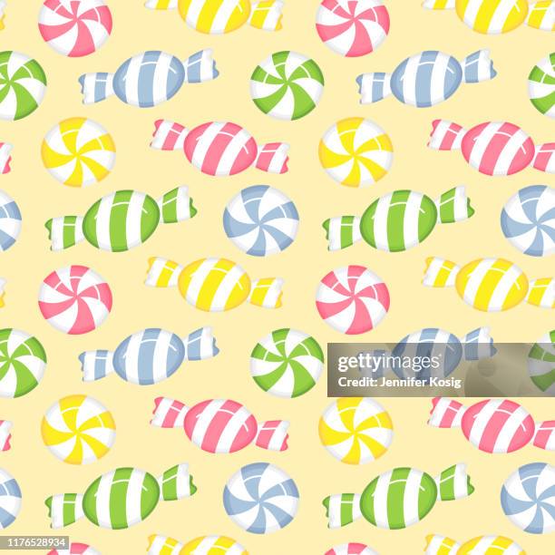 seamless pastel candy illustration pattern, yellow background - candy jar vector stock illustrations